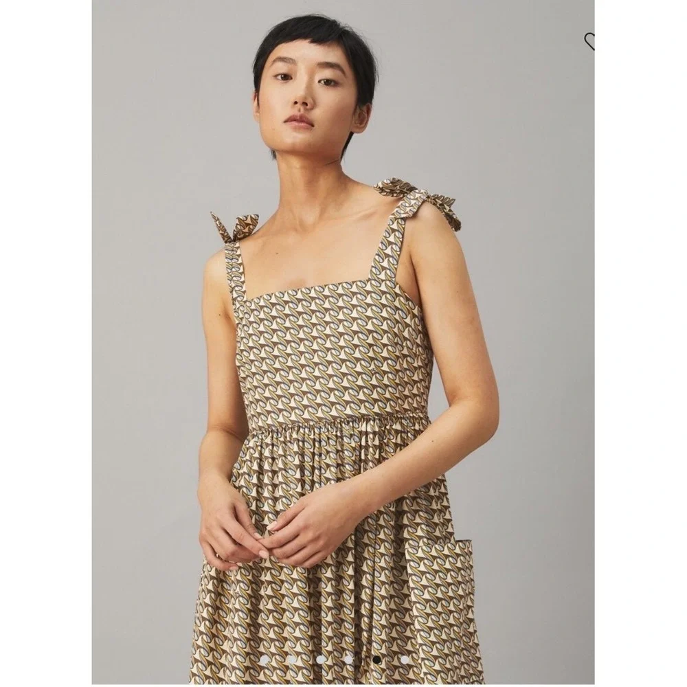 Tory Burch Tie-Shoulder Beach Dress French Cream Ribbon Wave Midi XS